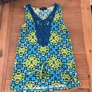 Jones New York signature blue and green tank top with tie and embroidered v neck